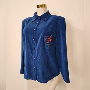 Vintage D.G.I Blue Button-Up Long Sleeved Collard Shirt with Floral Embroidery